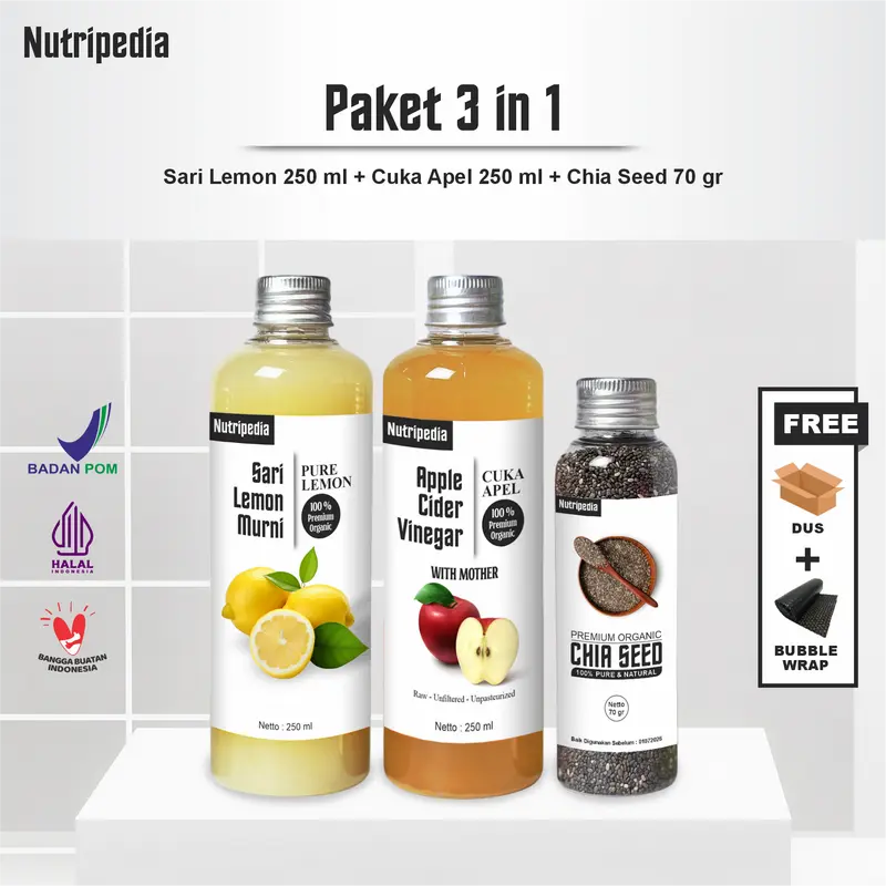 NUTRIPEDIA PAKET 3IN1 CUKA APEL 250ML SARI LEMON 250ML DAN CHIASEED 70GR 0