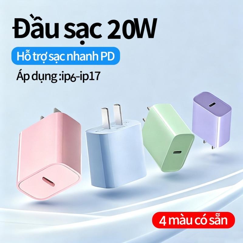 Củ sạc nhanh PD 20W -Trang bị cổng Type-C và tính năng sạc an toàn -Có 4 màu: Tím/Hồng/Xanh dương/Xanh lá — chọn Phù hợp ip 6 7 8 X 11 12 13 14 15 16 17 plus Pro Max.