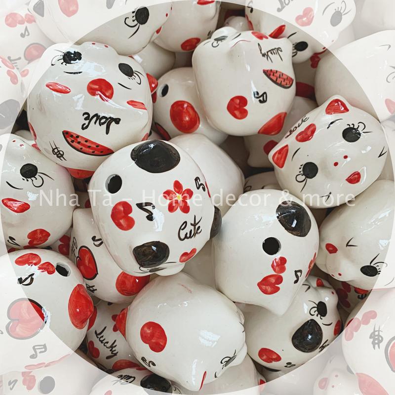   LỖ TRÒN  Heo sứ mini cóc đất trắng hàng đẹp HOẠ TIẾT NGẪU NHIÊN ống heo tiết kiệm đựng tiền trang trí 