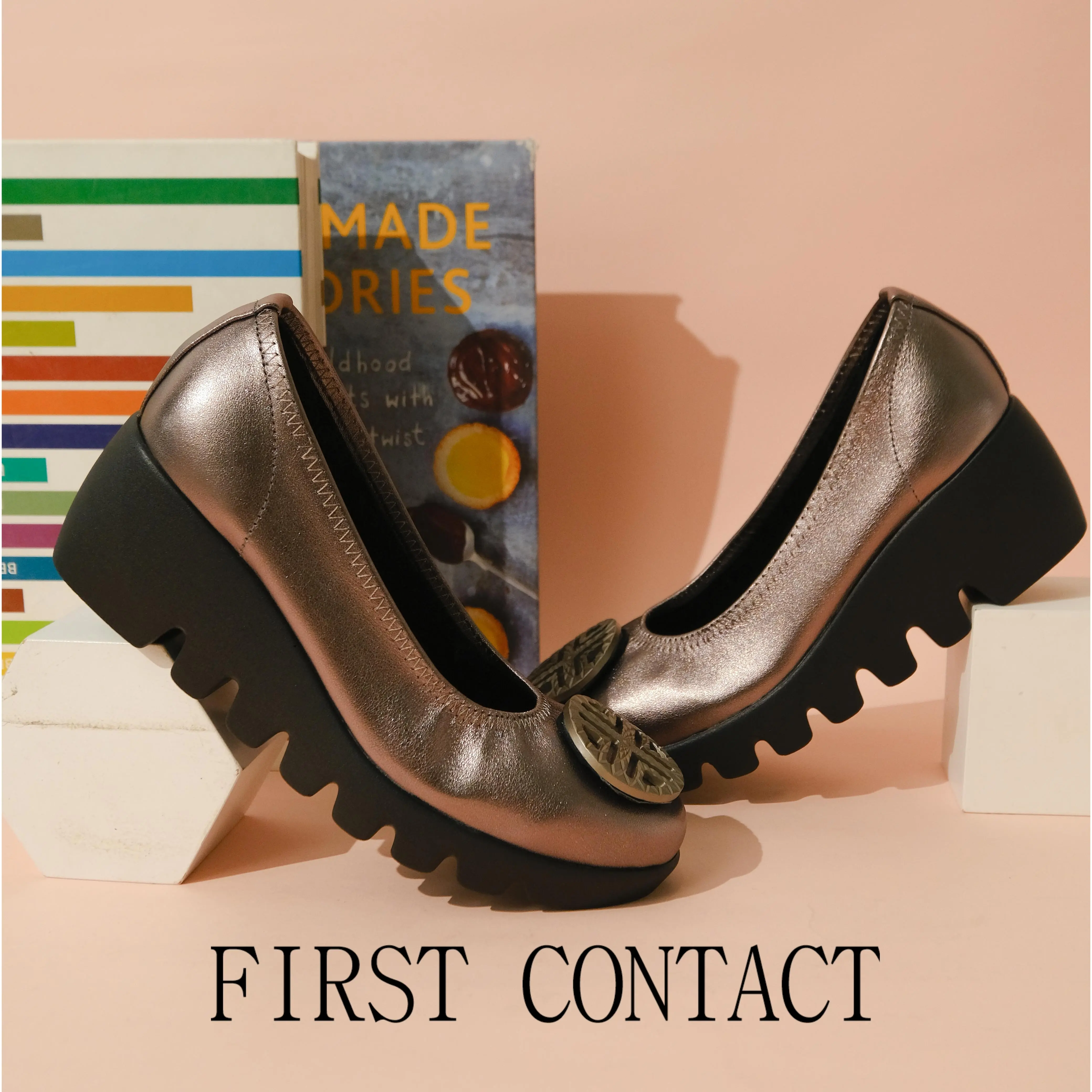 First Contact Sepatu Wedges Wanita Korean Style Aether Crest Silver Heels Chunky
