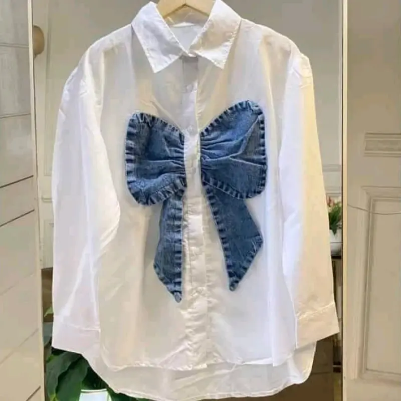 Atasan Kemeja Buffy Pita kemeja Wanita Oversize Casual Basic Katun Variasi Kancing Aktif 2