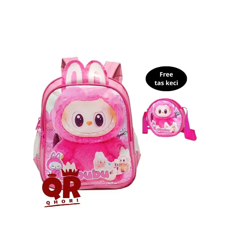 Tas Ransel LABUBU Tas Anak perempuan Sekolah PAUD TK SD Tas Ransel 2 in 1 Karakter LABUBU FREE Tas Slempang Bulat - Merah Muda 6