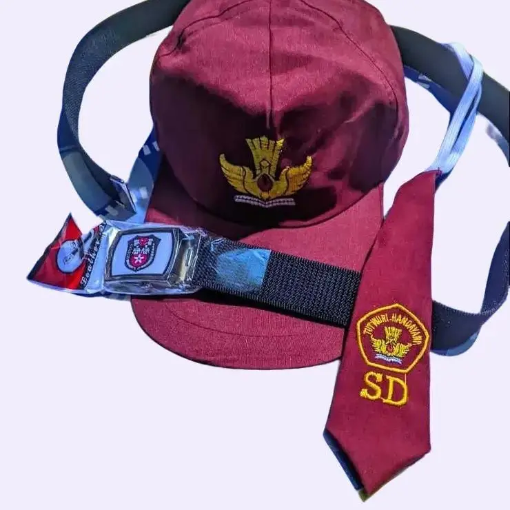 Paket Hemat Topi Dasi Sabuk Anak SD Cewek Cowok Logo Bordir Belakang Karet Nyaman dan Unik