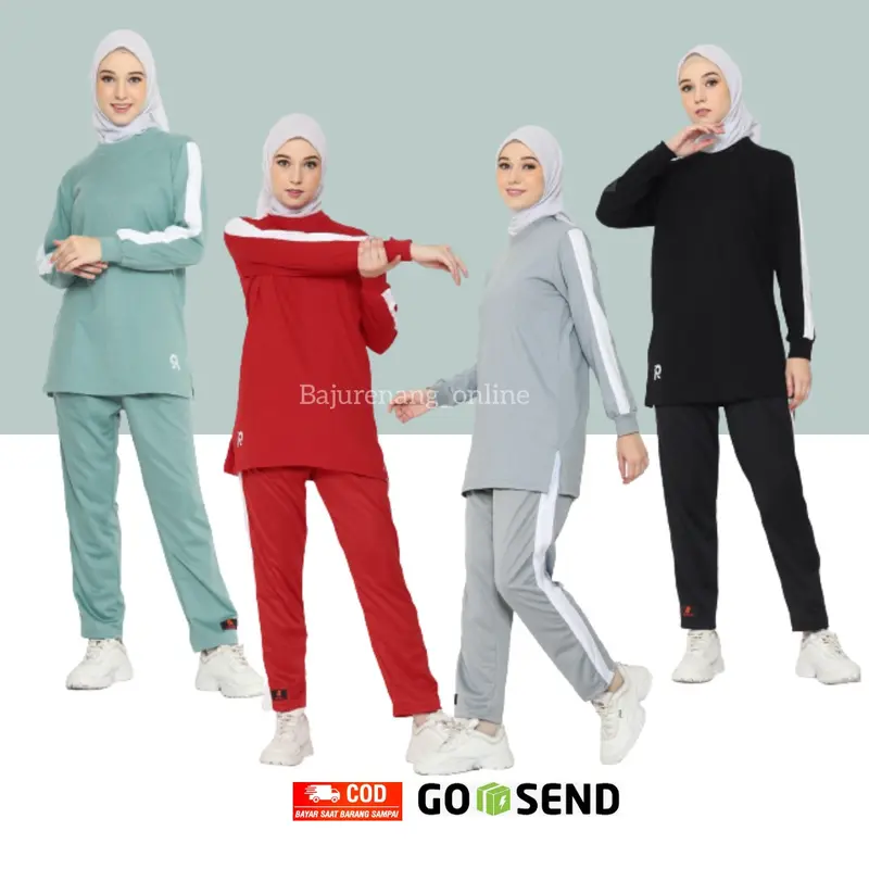 Pakaian Baju Setelan Seragam Kaos Celana Olahraga jogging running trening jumbo wanita perempuan cewe cewek muslim muslimah syar'i sportwear lengan panjang atas bawah bilqis rocella sporty combed 20s murah adem warna hitam abu ijo sage green merah maroon 0