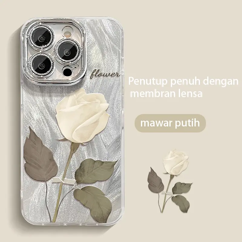 Casing Silkon TPU Mawar putih  untuk iPhone 13/15 pro max 14/Xsmax/R dengan 12/11 Film Lensa Bawaan - Tahun Baru - Ponsel F