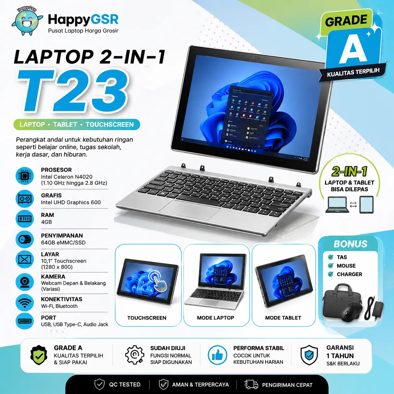 [T23 / L104] Laptop Hybrid 2in1 RAM 4GB Intel Core SSD 64+128gb | LAYAR SENTUH 10,1"in Windows10