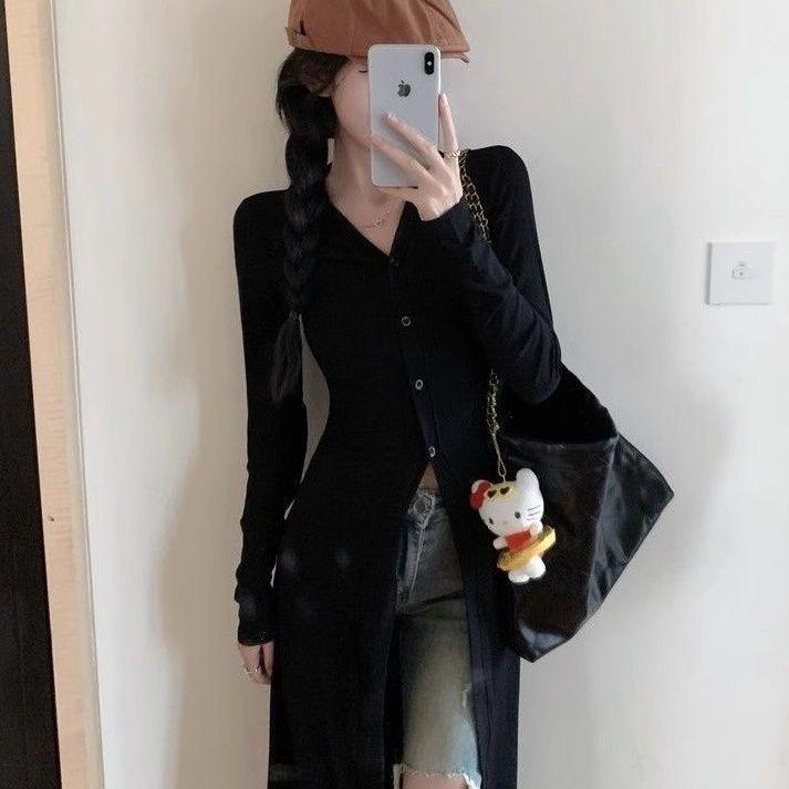 Product Introduction of Women's Japanese cardigan, cold wind, Internet celebrity royal sister Fan, long ice silk cardigan, fashionable and versatile, lazy, sweet and cool, fried street, thin top tide Black Slim-fitting 15