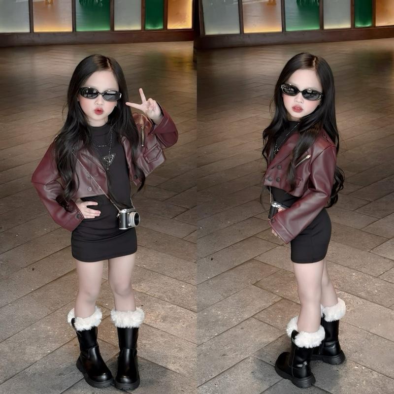  M1- Set bộ váy thun ôm body kèm áo khoác da mềm dành cho bé gái  8-28kg  