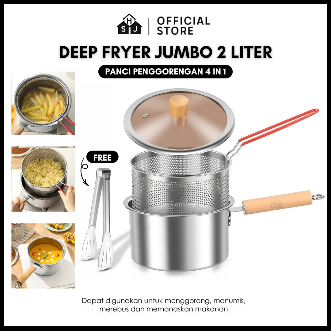 Panci Deep Fryer 2 Liter Jumbo 4in1 Penggorengan Rebus Stainless Steel Multifungsi Free Capitan