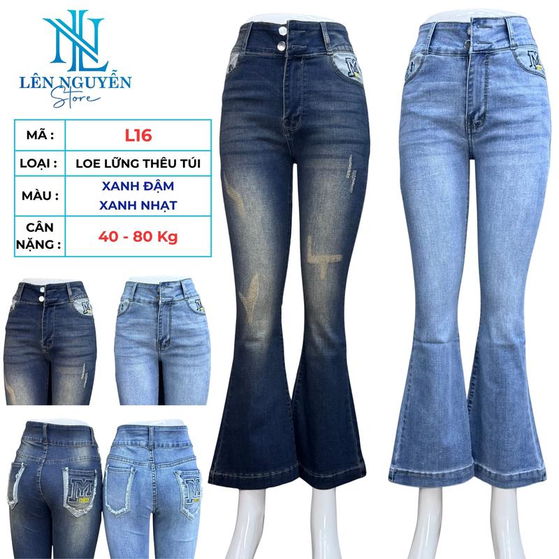 L16 [ Len Nguyen Store ] Quần Jean (Bò) Nữ Loe Lững 9 Tất, Lưng Cao 2 Nút, Dài 90-92cm, Màu Xanh Nhạt, Xanh Đậm, Size 40kg-80kg, Thiết Kế Thêu Túi, Co Giãn, Mền Mịn, Bigsize, Hotgirl, Skinny, Ống Ôm, Trẻ Trung, Tự Tin, Dễ Phối Đồ. Women Pants Denim
