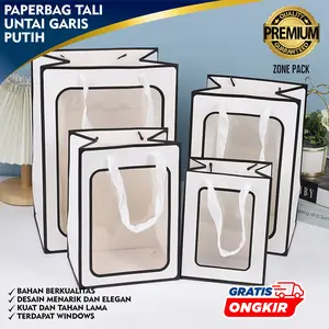 Paper Bag Tali Untai Garis Hitam Windows  | Paper Bag Kado Warna Garis Hitam | Paper Bag Mika Hampers Souvenir Ulang Tahun pernikahan  | Tas Belanja Warna Coklat Kraft | Tas Kado Souvenir Bridesmaid