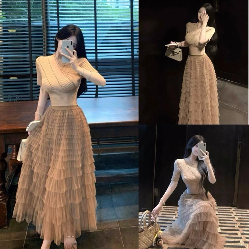    Hàng QCCC L1  Order 7- 10 Ngày   Set Áo Len Cổ Tim Đính Đá Kèm Chân Váy Lưới Dáng Dài Xếp Tầng Màu Be Tôn Da Dành Cho Nữ Women Dress By DiepGZ2825 
