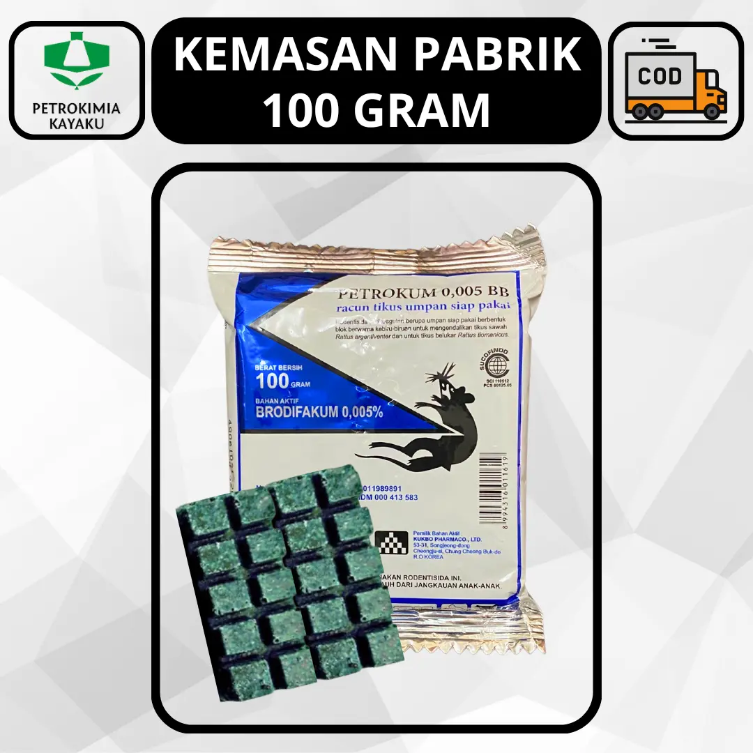 Rodentisida PETROKUM 0,005 BB 100 Gram Umpan Permen Pembasmi Hama Tikus Brodifakum 0,005%