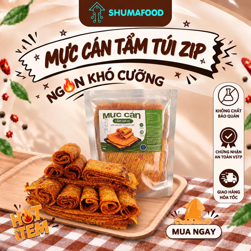 Khô mực cán tẩm gia vị Shumafood túi zip 80g – Đặc sản Nha Trang, cay ngọt đậm vị, snack ăn vặt dai ngon