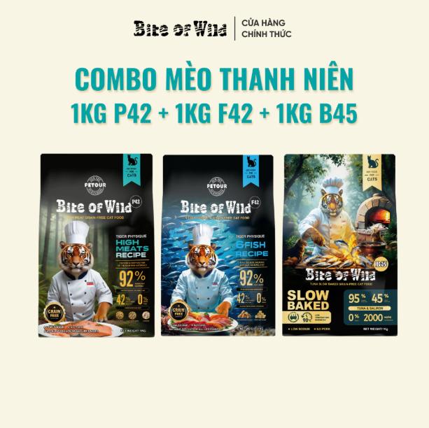COMBO MÈO THANH NIÊN Combo 3 Gói 1KG Thức ăn hạt cao cấp Bite Of Wild P42 - B45 - F42 Công thức 6 Loại Cá tươi Không Ngũ Cốc Phù hợp Cho Mèo mọi lứa tuổi