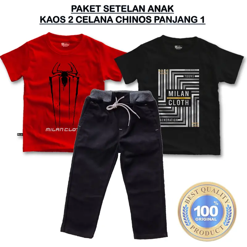 Paket setelan anak laki laki 2 kaos 1 celana Chino panjang usia 3,5-14 tahun bahan premium Kids 7
