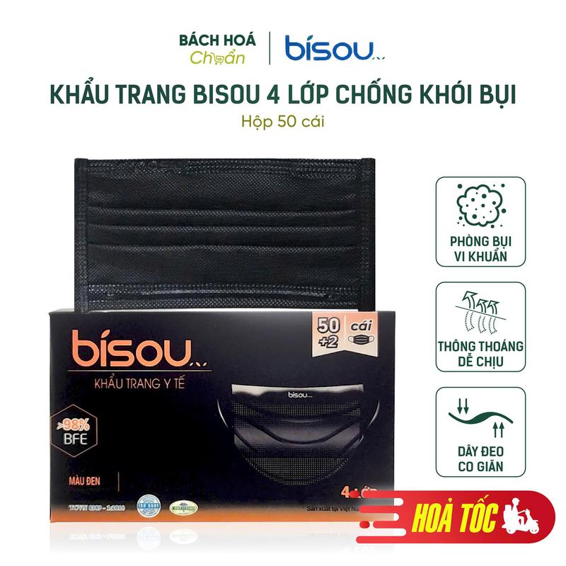 Bisou Khẩu Trang 4 Lớp Chống Khói Bụi Giọt Bắn Nhiều Màu Thời Trang Hộp 50 Cái Vải Polypropylene Kháng Khuẩn Dây Đeo Đàn Hồi Xuất Xứ Việt Nam