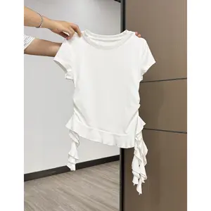 kaos lengan pendek polos leher bulat wanita kasual kerut slim baju atasan terbaru terlaris korean style