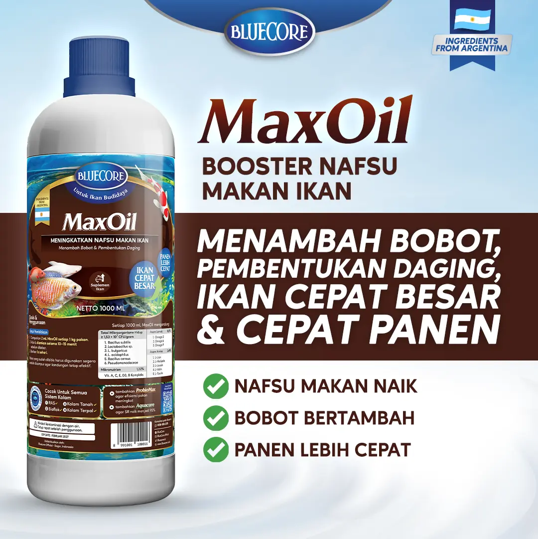 Bluecore MaxOil Vitamin Ikan & Perangsang Ikan untuk Nafsu Makan dan Pembentukan Daging (Cocok untuk ikan Gurame, Lele, Nila, dan Patin)
