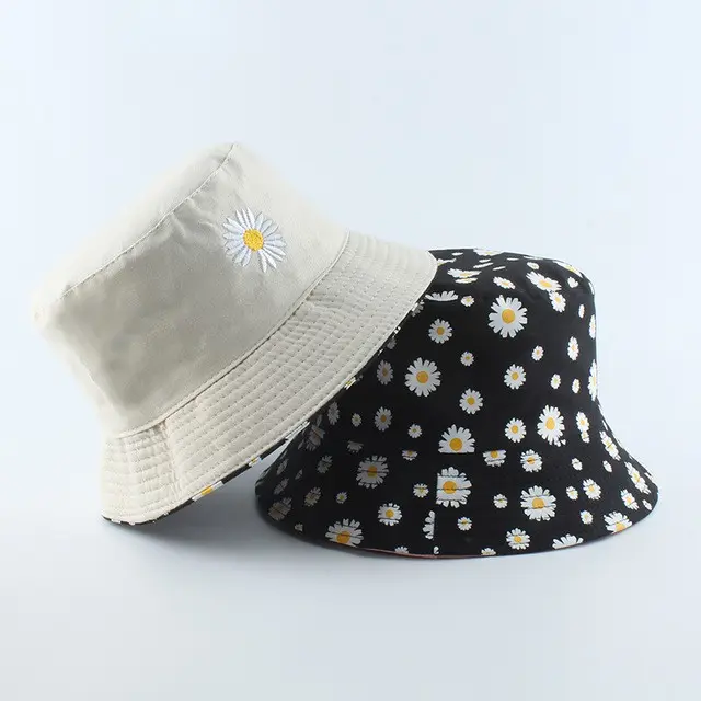 Topi Bucket Dua Sisi Anti Uv Motif Bordir dan Sablon Bunga Daisy Bahan Drilll / Daisy 002 anak dewasa 6