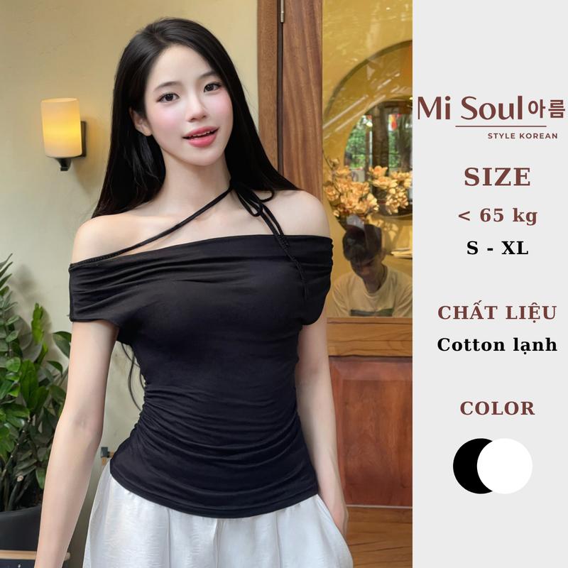 Áo Trễ Vai Nhún Eo MiSoul Chất Thun Cotton Mix Dây Buộc Tiểu Thư BigSize, Áo Trễ Vai Form Ôm 441