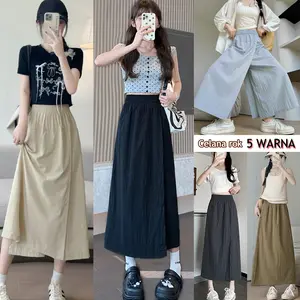 yikoo-Celana rok lebar high waist korea A-Line setengah panjang rok celana wanita