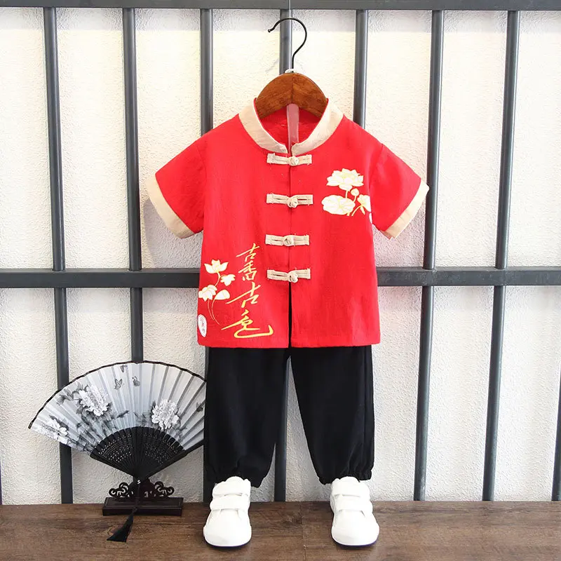 Boys Tang suit summer short sleeve suit cotton and linen thin two-piece children's suit Chinese New Year dress summer children's suit