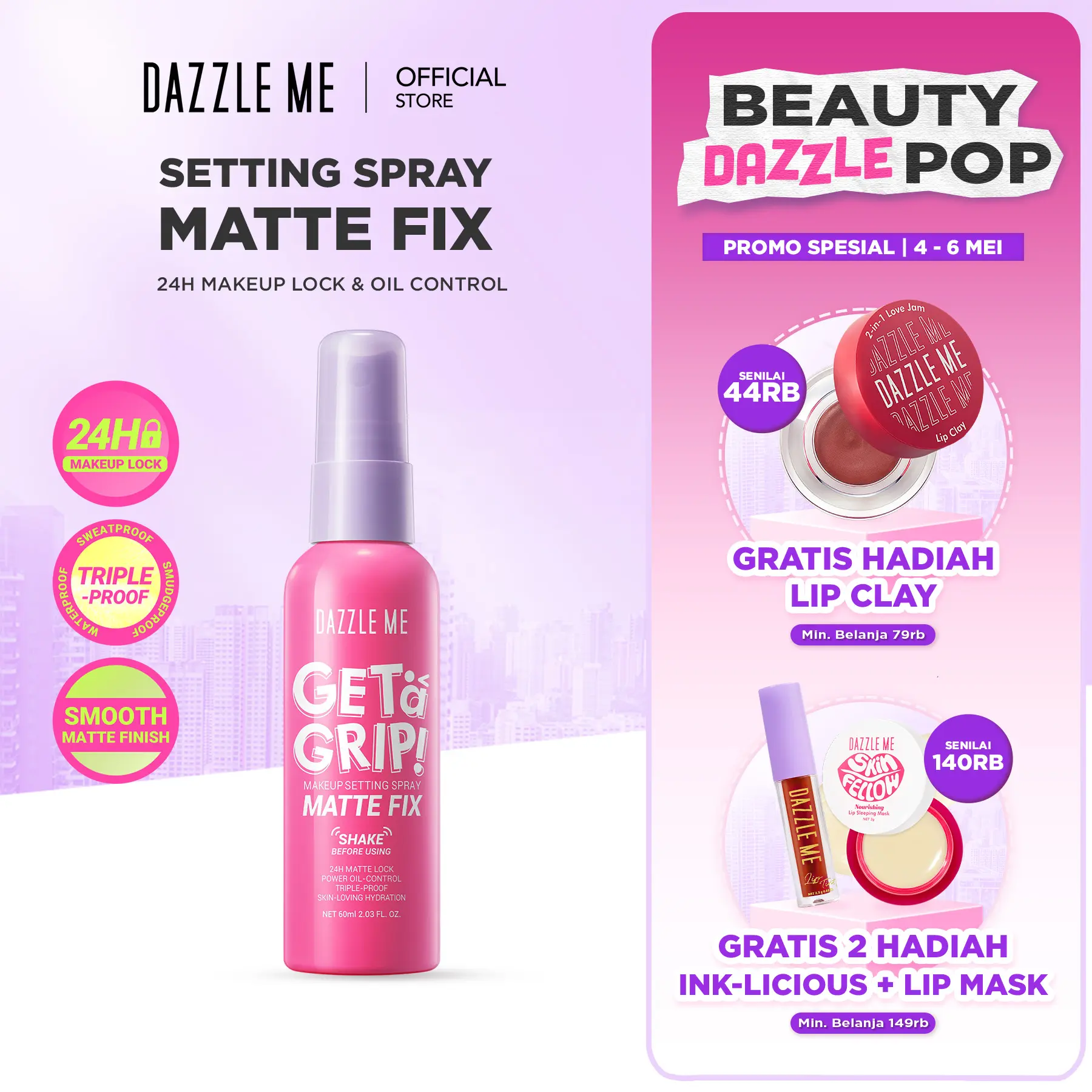 DAZZLE ME Get a Grip! Makeup Setting Spray Matte Fix Smooth Matte Finish Triple-Proof Makeup Lock Oil Control Tahan 24 JAM