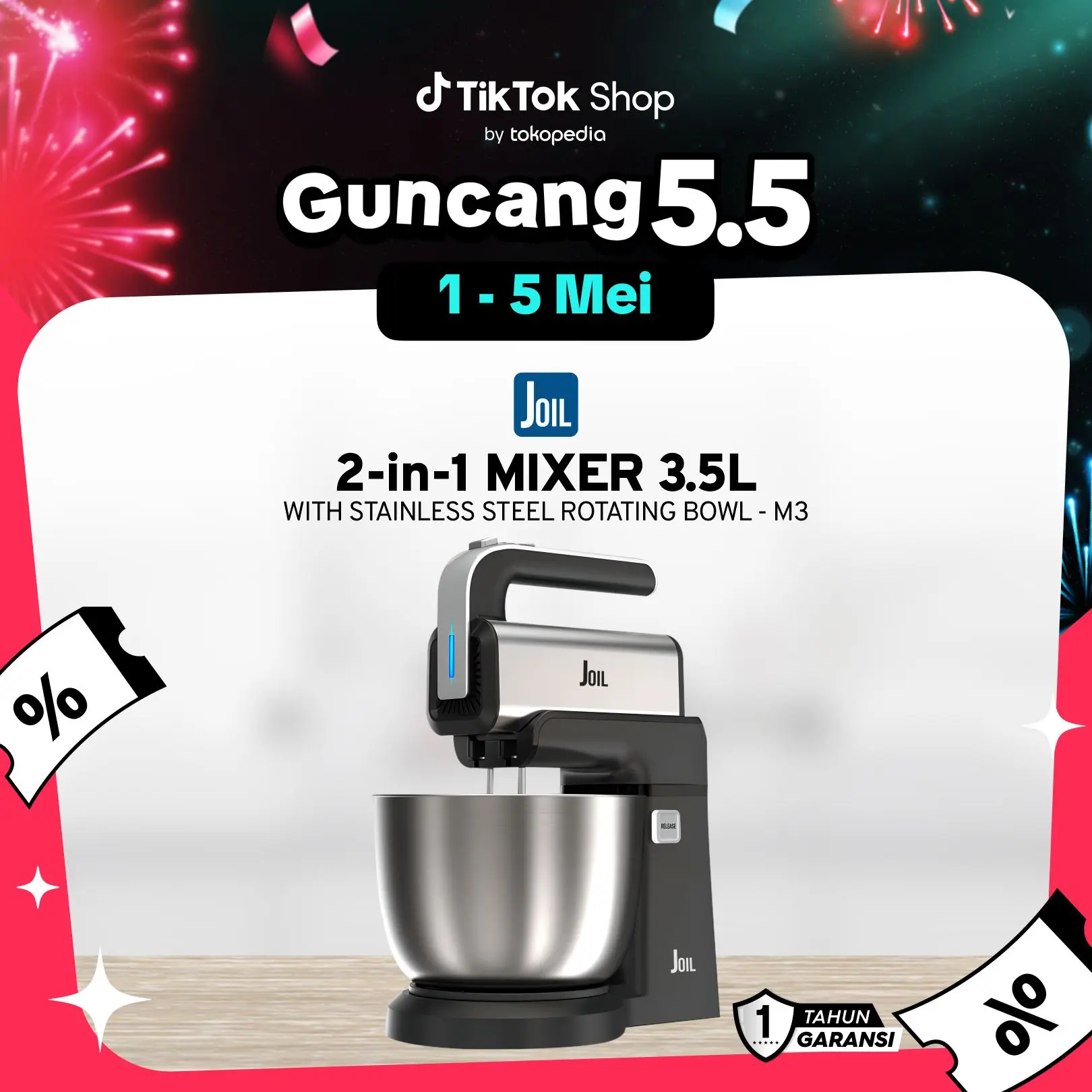 Joil Hand Mixer - Stand Mixer 3.5 Liter Bowl Stainless Steel 2in1 Mixer 5 Speed dan Mesin Turbo - M3