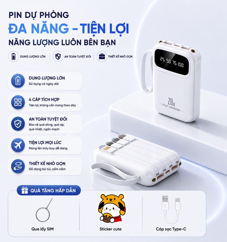 Bộ Sạc Dự Phòng Với 4 Cáp LED Và Đèn Chiếu Sáng 20W Sạc Nhanh Dung Lượng Lớn Siêu Mỏng Nhỏ Gọn Dễ Mang Theo