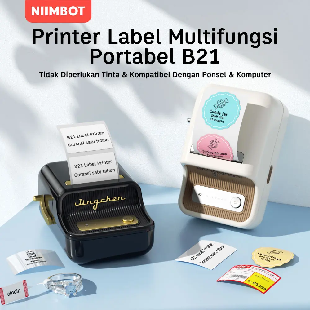 NIIMBOT B21 Printer Label Termal Portabel, Printer Label Barcode Bluetooth, Garansi 1 Tahun