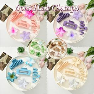 6pcs Hair Clamps Flowers Wave Long Barrette Bundle Clamp Set Claw Grip Woman Fashion Accessories Trendy Durable Hair Clips Gifts