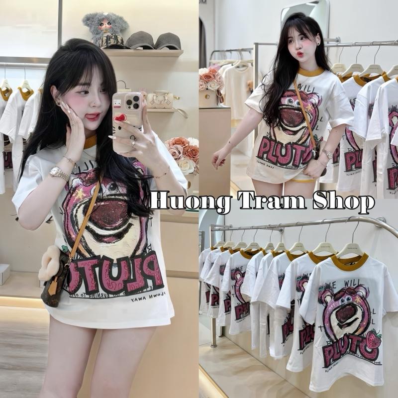 ÁO GẤU DÂU PHỐI CỔ LEN - Áo thun Freesize (42-70kg) , Chất cotton 4 chiều mềm mát , Phom dáng rộng dấu quần , May bo cổ len , Hương Trầm shop , Áo thun nữ