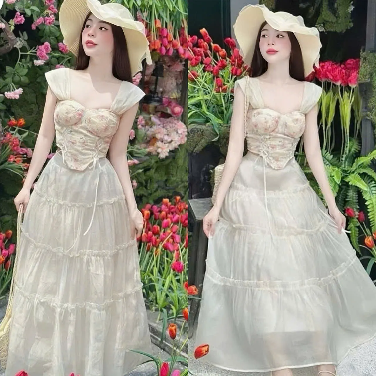 SET VÁY NỮ ÁO REN HOA CỔ VUÔNG 2 DÂY ĐÍNH NƠ MIX CHÂN VÁY MAXI  VOAN TƠ 2 LỚP sang chảnh tôn dáng phong cách trẻ trung phù hợp cho các nàng đi chơi đi di biển đều xinh lung linh.women top