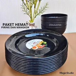 Paket Hemat Isi 12 Piring dan Mangkuk Ala Japan Plastik Tebal Anti Pecah Premium-Hitam - Kitchenware, Peralatan Dapur Piring Saji Makanan Anti  Panas