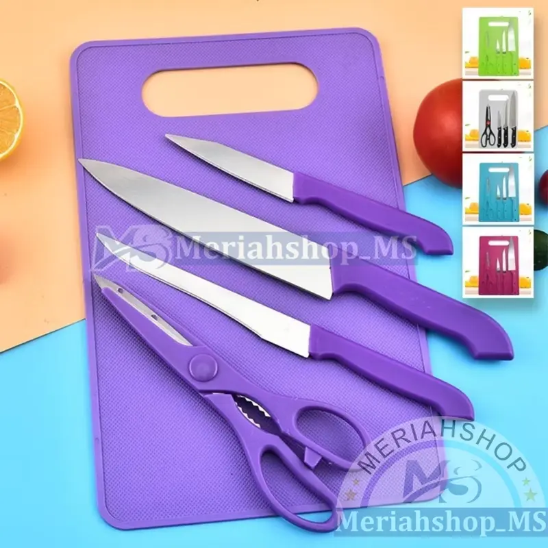 MERIAHSHOP Pisau Set Telenan Talenan Warna 5 in 1 Cutting Board Pisau Gunting Dapur Koki Masak Stainless Steel Anti Karat 1