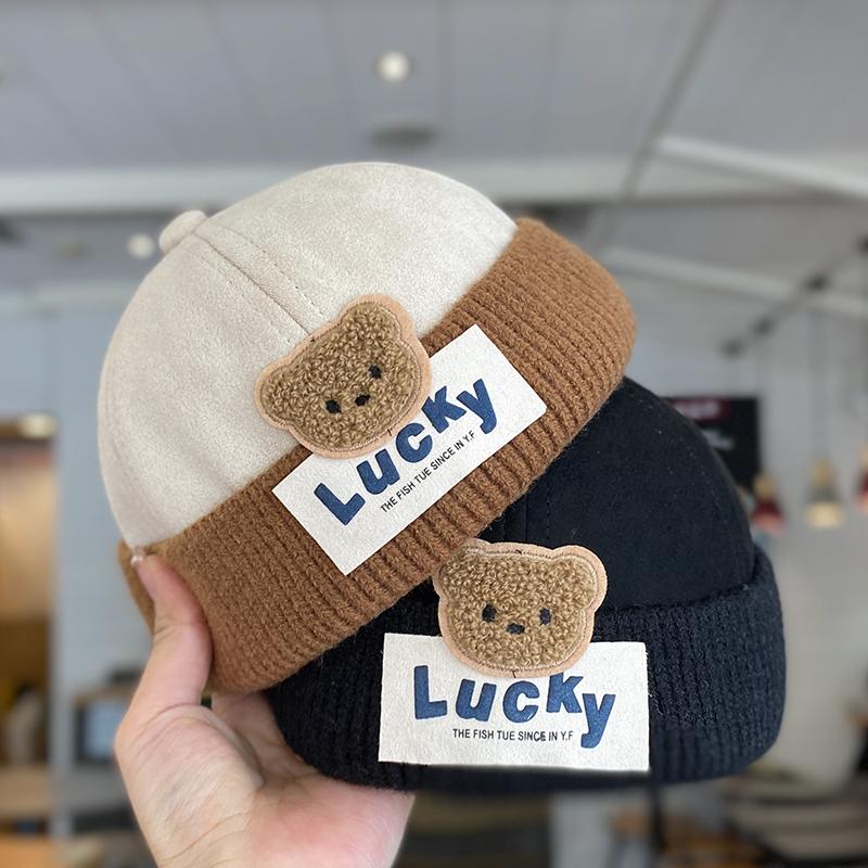 Product Introduction of 1-4Y Windproof Suede Kids Landlord Hat Korean Bear Baby Knit Brimless Cap Children Melon Caps Autumn Winter Warm Docker Hats 1