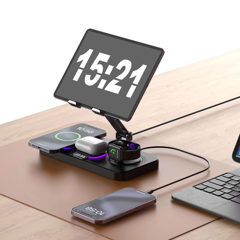 6 in 1 Multifunctional Wireless Charger Mobile Phone Fast Charging Station With Clock,Tablet Holder For iPad, iPhone, Apple Watch, Airpods Pro 4
