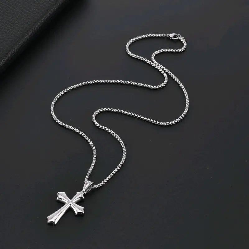 Kalung Titanium Liontin Salib Anti Karat Model Rantai Tambang Rollo Silver Pria Wanita Stainless