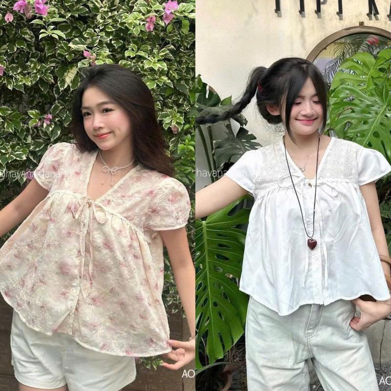 (PB.HAVANA) Áo kiểu AVIE babydoll cổ tim hoạ tiết in hoa phối dây buộc nơ AO554