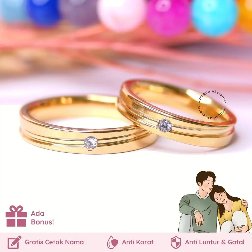[Gratis Ukir Nama] Cincin Couple Romantis Ailoviu Titanium Anti Karat M126 Hadiah Tunangan Pasangan Pria Wanita Gold Emas