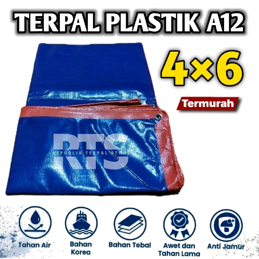 Terpal Lembaran A12 4x6 Super Tebal Waterproof - Biru Oren - Gold, Hijau, Tali