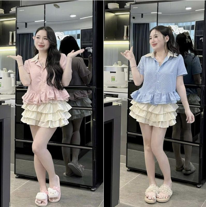 Sét áo sơ mi nữ chất đũi chấm bi phối cổ kèm chân váy mango ngắn bèo tầng cực xinh[GJ98]