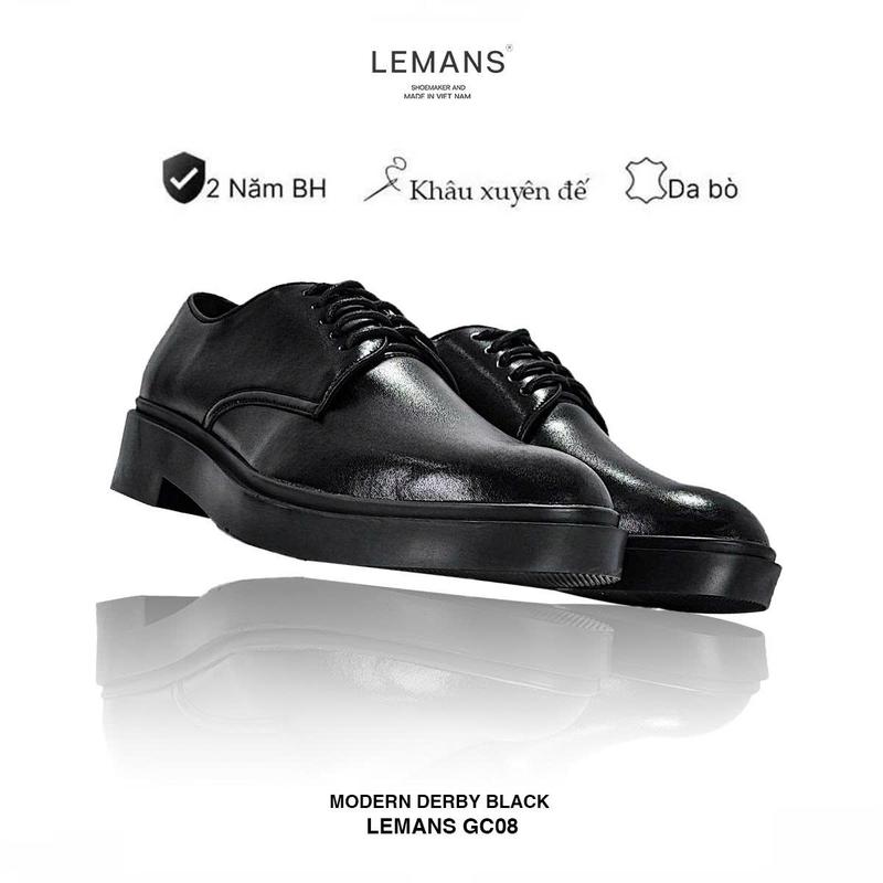 Giày tây nam công sở Derby Black LEMANS GC08 - da bò nguyên tấm, giày tây đế tăng chiều cao 4cm, bảo hành 24T