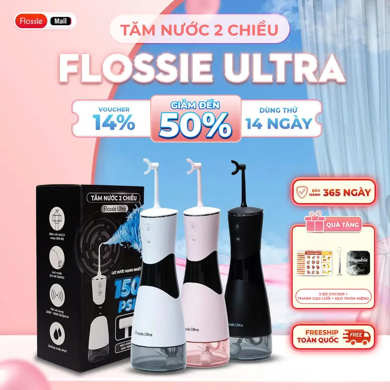 Máy Tăm Nước 2 Chiều Flossie Ultra - Công Nghệ Làm Sạch Răng Miệng Vượt Trội| Chính Hãng, Bảo Hành 365 Ngày - Tặng 3 tấm sticker + 1 kẹo ngậm vị coca + 1 Thanh cạo lưỡi 0