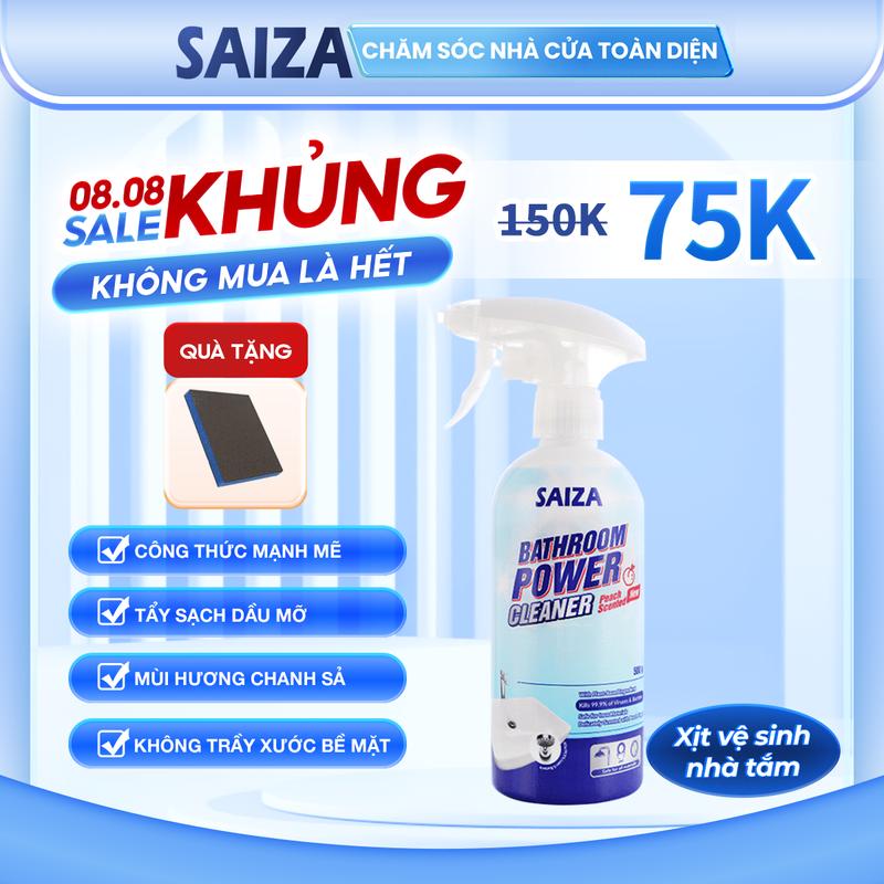 Xịt Vệ Sinh Nhà Tắm SAIZA Hương Đào 500ml, An Toàn - Lành Tính, Giúp Làm Sạch Mảng Bám, Vết Ố Vàng, Tẩy Cặn Canxi, Cặn Xà Phòng Hiệu Quả - Kháng Khuẩn, Khử Mùi