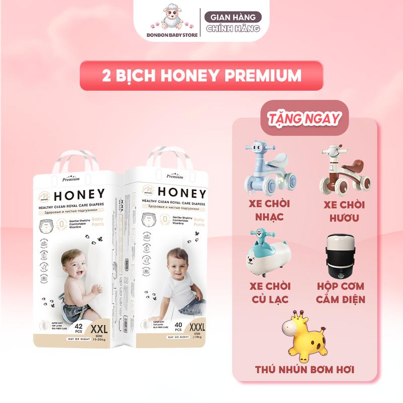 2 BỊCH KÈM QUÀ Bỉm Tã Dán Quần HONEY PREMIUM Chính Hãng Siêu Mềm Mịn Size NB - XXXXL Chống Tràn Thấm Hút Tốt