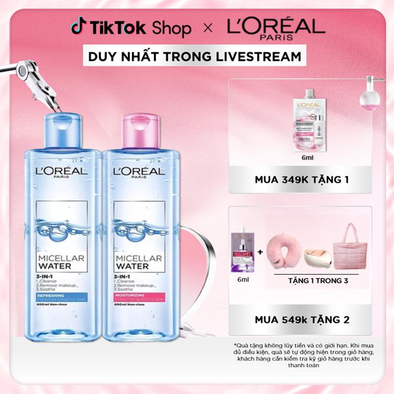 Bộ 2 tẩy trang đa năng 3-trong-1 Micellar Water tươi mát & dưỡng ẩm L'Oreal Paris