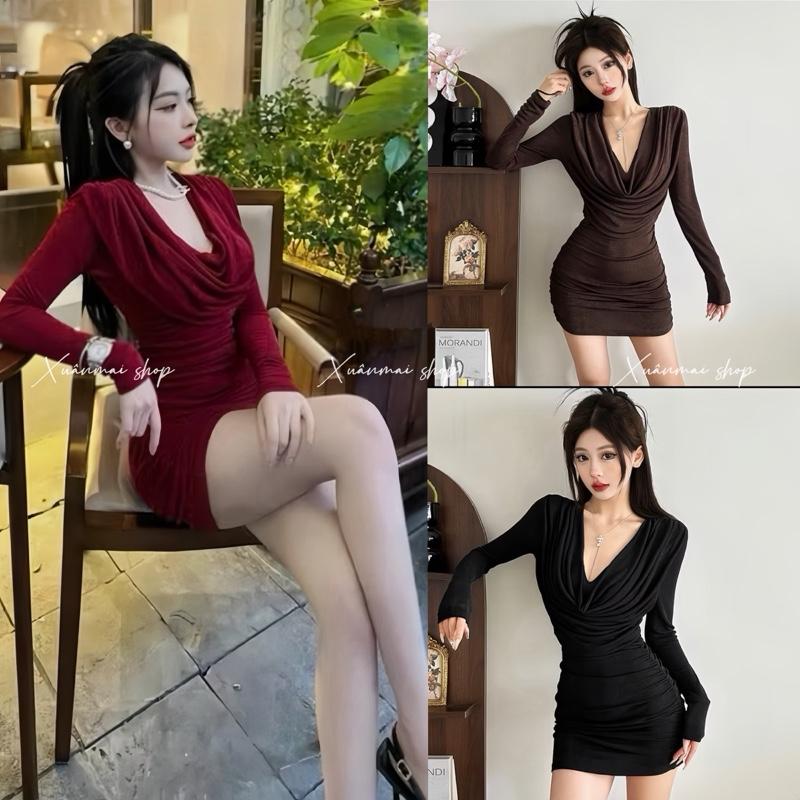 Đầm body CỔ ĐỔ TẦNG TAY DÀI nhúm ngắn đổ tầng trước chất ladong xuanmaishop 
