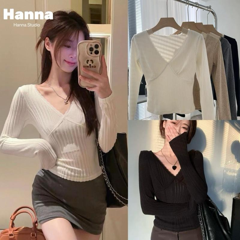 Áo len gân Hàn nữ Tay Dài cổ chữ V viền ren dáng ôm body - P10